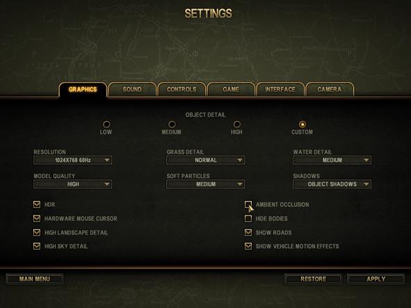 will be discarded as you leave the settings menu. Restore reverts all settings to default. Graphics The settings presented in this tab affect game performance the most.