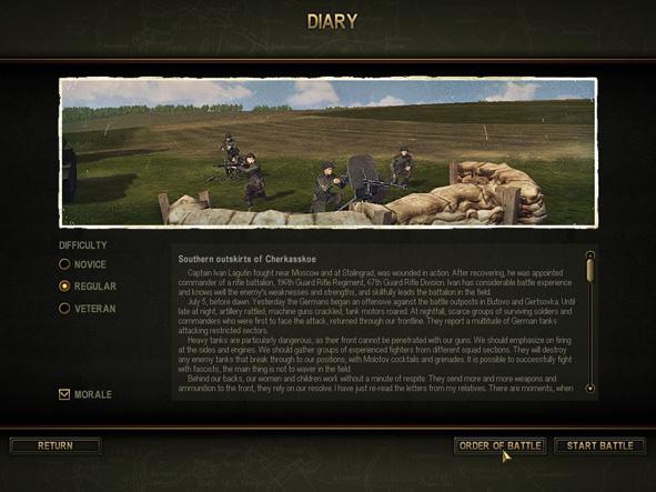 Here you can read about the situation on the front at the moment of the upcoming battle and select the difficulty level for the battle you re about to fight.