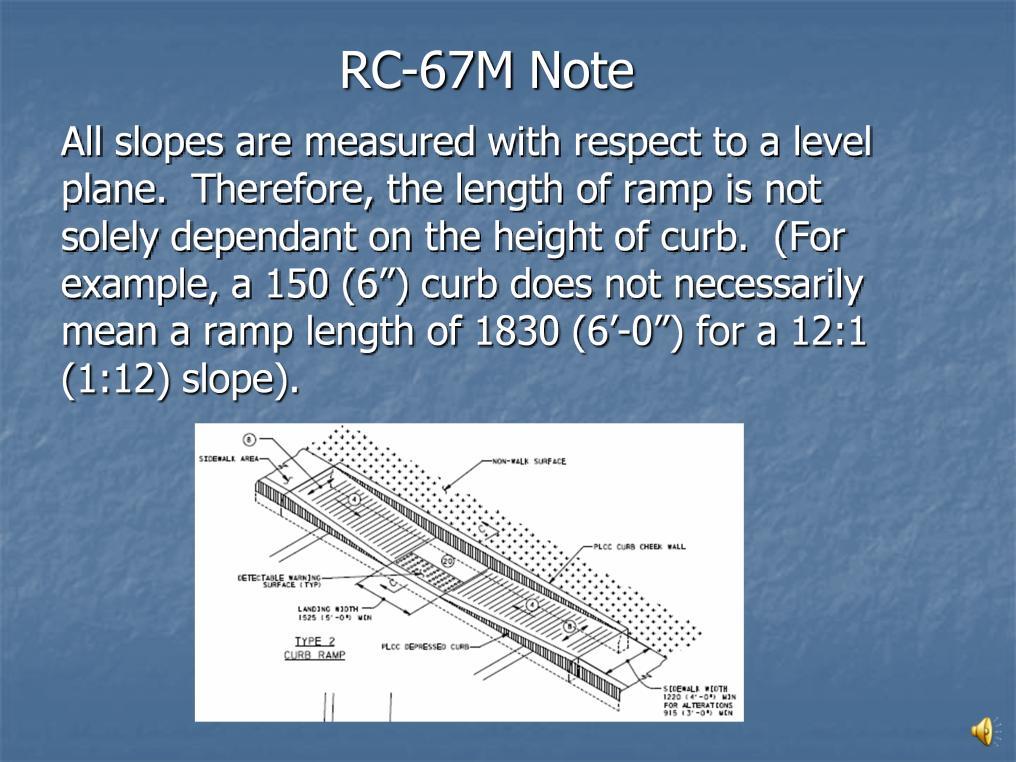RC-67M Note All slopes are measured with respect to a level plane. Therefore, the length of ramp is not solely dependant on the height of curb.