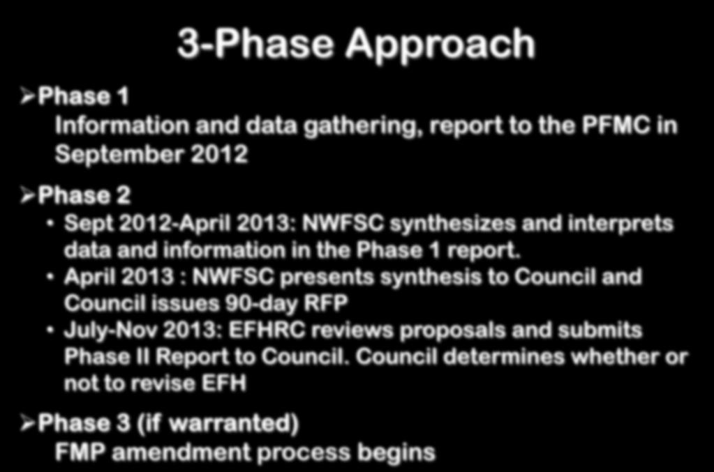 3-Phase Approach Phase 1 Information and data gathering, report to the PFMC in September 2012 Phase 2 Sept 2012-April 2013: NWFSC synthesizes and interprets data and information in the Phase 1 report.