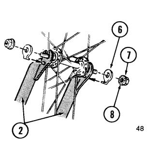 Assemble the front wheel to the fork: - If the axle nuts are already attached to the front wheel axle, begin by removing them with an open end wrench or adjustable wrench - Set the wheel into the