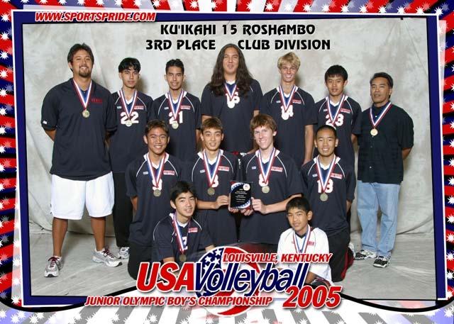 Page 5 of 5 Not Pictured: Steve Wessels, John Meyer Boy s 15 National Tournament Gold Division Third Place Ku ikahi Volleyball Club, Aloha Front Row: Toby Ishizu Devin Pang Middle Row: Toby Salado,