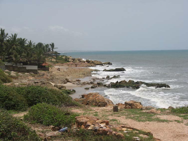 Figure 2. Rocky coastline along the region just to the west of Ghana (left). This region was characterized by a wide sandy beach just a decade before, similar to adjacent beaches nearby (right).