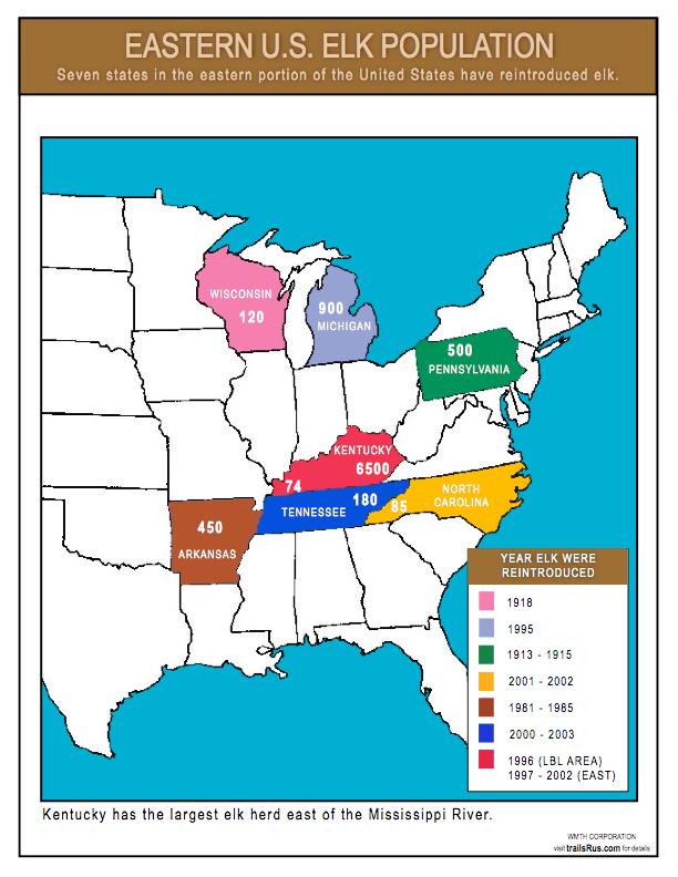 13. To the left is a map of the number of elk reintroduced in each of the state within the past 100 years. A breakdown is provided below along with the number of elk each of the states have today.