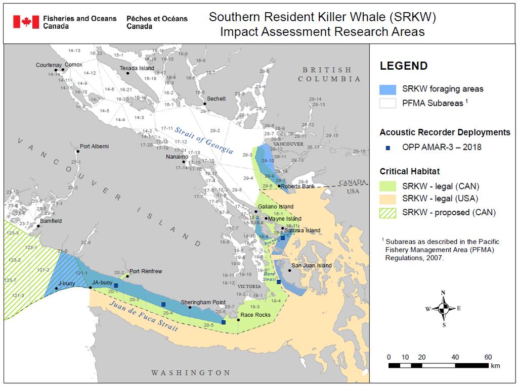 Figure 1: Southern Resident Killer Whale habitat and areas with frequent observations of foraging behaviour. (Source: S. Thornton Pers. Co