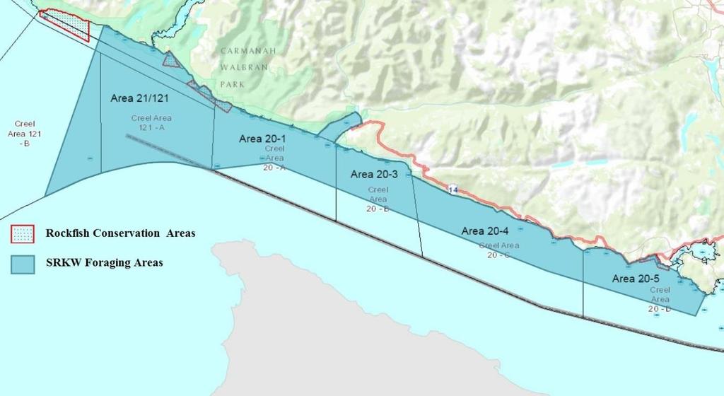 4. Proposed Management Measures and Areas 1. Strait of Juan De Fuca Figure 2: Juan De Fuca Map showing SRKW Foraging areas and Rockfish Conservation Areas (RCAs).