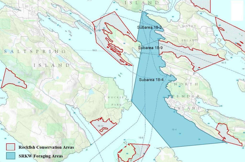 2. Pender Island Figure 3: Pender Island Map showing SRKW Foraging areas and RCA s.