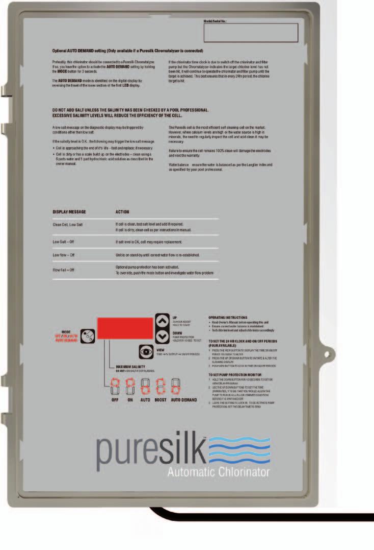 Puresilk CCS: Chlorine Control System. Puresilk s Chlorine Control System has two parts. The upright electrolytic cell houses two speciallycoated, electrically charged plates.