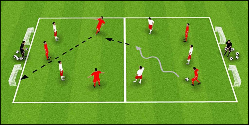 GROUP ACTIVITY #3: ATTACK IN THE BOX Up to 10 players, in 2 teams; 2 coaches/parents at opposite ends. Two small goals (or gates marked out with cones) at each end.