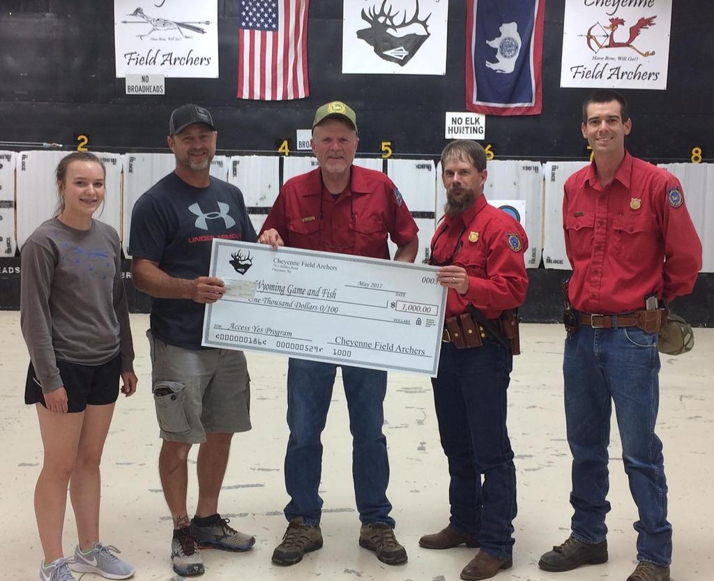On July 10, 2017 the Cheyenne Field archers presented members of the Wyoming Game and Fish a check for $1000 for the Access Yes program.