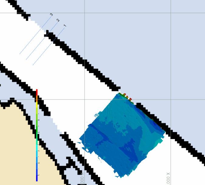 The test line was acquired using the full field of view (200 degree) which amounts to 12 times water depth or more. A patch test area to the northwest of the survey area was identified.
