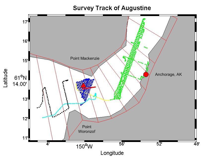 Figure 7 Geographic location of the PPK water level measurements obtained by the R/V Mt. Augustine that are within 5 kilometers of the location a SBE 26+ was deployed.