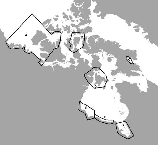 Fig 2: Summer range of Nunavut beluga stocks discussed in document: A- East Beaufort Sea, B- Somerset, C- Cumberland Sound, D- Northern Hudson Bay, E- Western Hudson Bay, F- Southern Hudson Bay.
