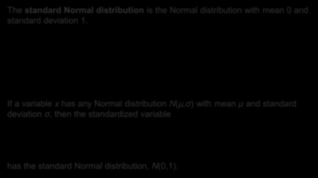 The standard Normal distribution is the Normal distribution with mean 0 and standard deviation 1.