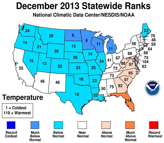 December Weather Summary As a carry-over from last month, a majority of the contiguous U.S. was cooler than usual in December 2013.
