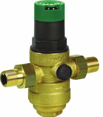 BSP thread Brass Reliable pressure reducing valve, provided with strainer element (mesh size 0.16 mm). The valve is constructed as a single seat balanced disc.