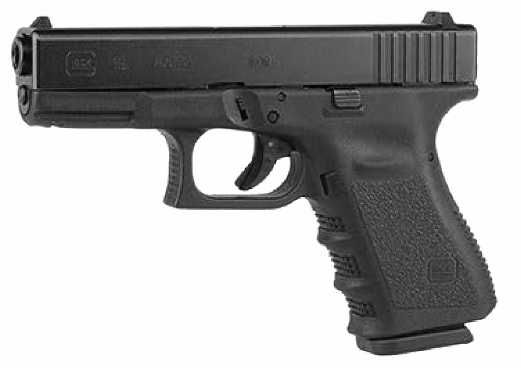 Pistols Glock 19 Calibre Barrel length Effective range 9mm 855g (with mag) 187mm 102mm 50m The Glock 19 is a 9mm striker-fired polymer-framed pistol and is essentially a more compact version of the