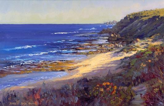Dawn - Yallingup Oil on panel. 255x 355mm. Andy Dolphin 2002 This picturesque bay lies just a short walk north of the Yallingup townsite.