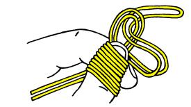3) Wrap the doubled line around the thumb and the reversed loop five times (10 times if using