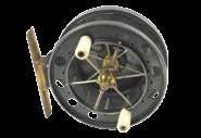 123 A fine Allcock Aerial 7950-T6 3½ centre pin reel, caged and six spoked drum with twin ivorine handles and ventilated front flange (eight holes), brass stancheon foot, rear sliding optional check