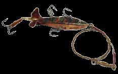 160 A very rare Foster s Pioneer 2 Horwood patent bait, the brass triple sided fish shaped lure with red/blue painted decoration, triple tail vanes, central revolving wire spindle, one rear and three