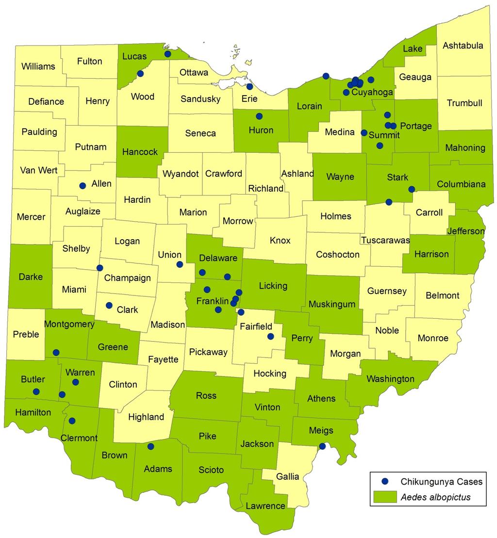 The 43 cases of chikungunya virus infection in 2014 were reported from throughout Ohio (Figure 1). Looking at the reported cases with respect to the distribution of the Ae.