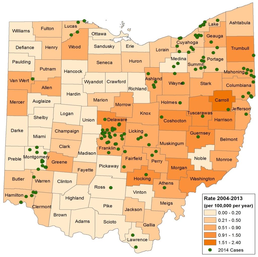 Figure 4: Lyme Disease Incidence 2014 Compared to 2004-2013, Ohio Source of disease data: Ohio Disease Reporting System. Cases of Lyme disease follow a seasonal pattern in Ohio (Figure 5).