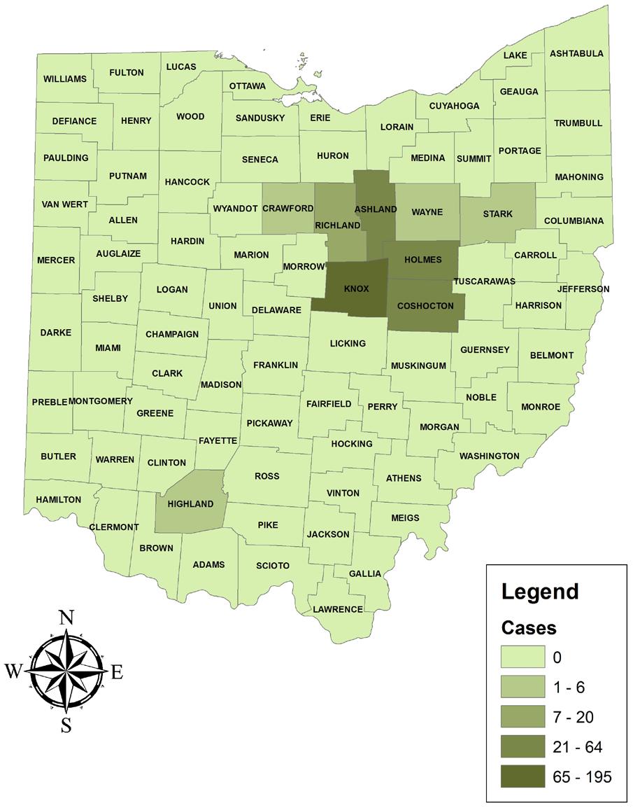 Figure 2: Measles, Ohio, 2014 Source of disease data: Ohio Disease Reporting System. As seen in Figure 3, the measles outbreak peaked in May 2014.