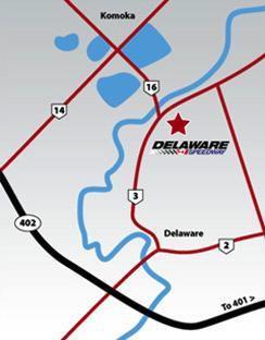 Directions to Delaware Speedway, Monday May 23 rd 2016. GPS: 1640 Gideon Drive, Delaware, ON, Canada N0L 1E0 From East of London: Take Hwy. 401 westbound to Hwy 402 and head west.