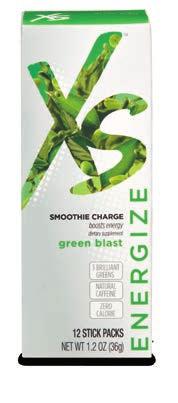 ENERGIZE XS SMOOTHIE CHARGE XS Smoothie Charge provides 100mg of natural caffeine and three brilliant greens chlorella, ginseng, and green tea extract.