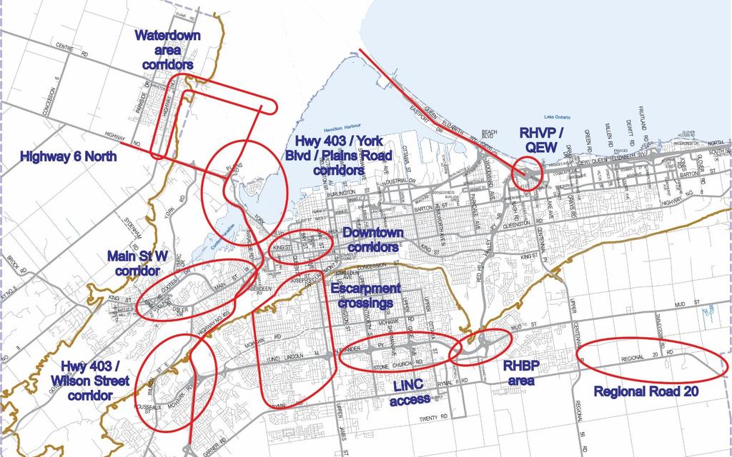 FUTURE (2031) DO NOTHING AM PEAK HOUR CONGESTION AREAS Congestion on Provincial facilities, Escarpment crossings, West