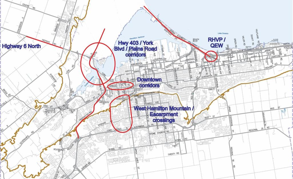 AREAS OF CONTINUED CONGESTION (WITH 2031 PLANNED ROAD AND TRANSIT IMPROVEMENTS ) Even with planned improvements implemented by 2031, congestion is forecast along Highway 403, West