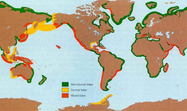Distributions of diurnal, semidiurnal, and mixed-semidiurnal tides Why is the Bay of