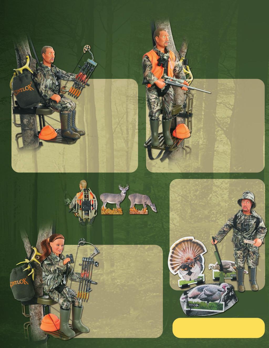 ACTION FIGURES Bow Hunter - item #003 Stocking cap Rocky hunting boots Ameristep treestand Ameristep Rapid Rail ladder sections Hunter Safety System treestand safety vest Hoyt bow and arrows Nikon