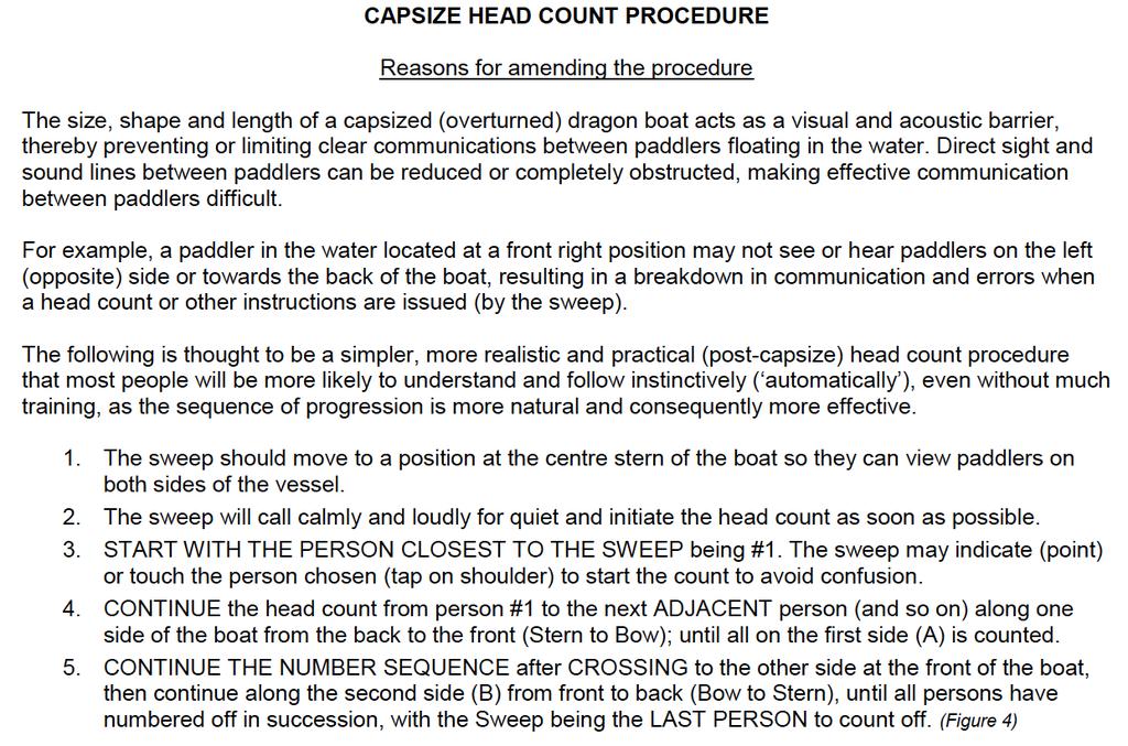 Capsize Drill What to Do: In the event of a Dragon Boat capsizing the Sweep should immediately ensure that all the crew are accounted for by a head count as outlined below.