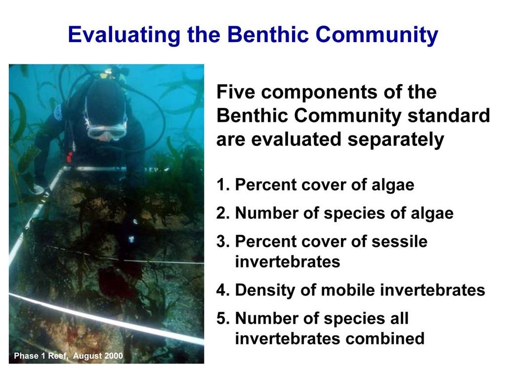 Because it is not possible to evaluate the benthic community standard using a single metric we consider 5 separate components of the benthic community when evaluating this performance standard. 1.