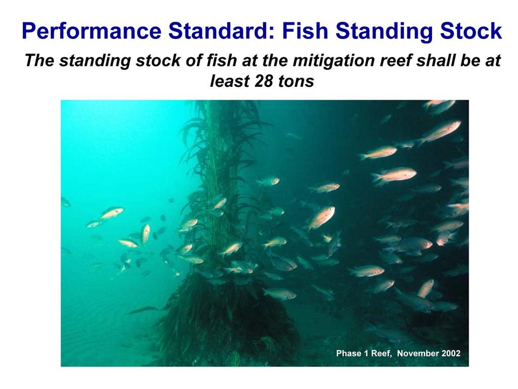 The performance standard for fish biomass is a fixed standard that requires the Wheeler North Reef to support at least 28 US tons of fish, which is the