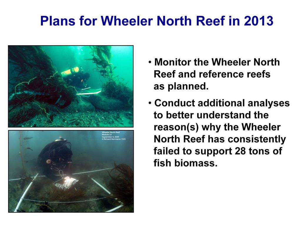 The plan for monitoring in 2013 is to: Continue monitoring the Wheeler North Reef, San Mateo and Barn using the same methods as in previous years, and Conduct additional analyses