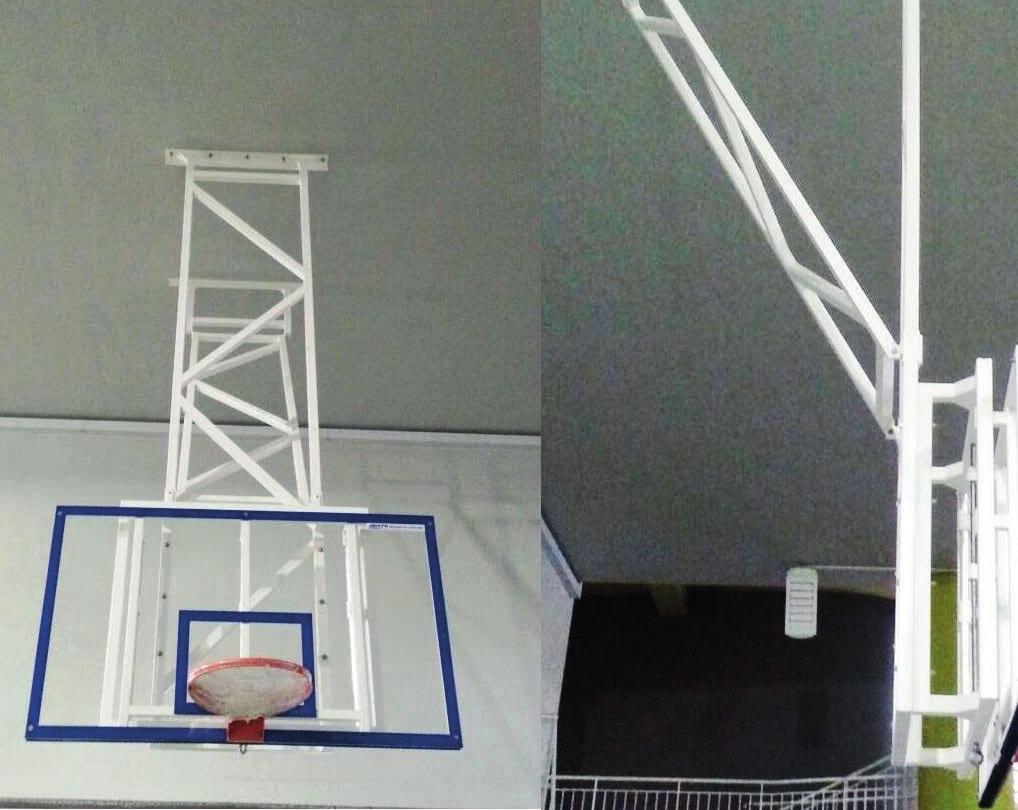 Basketball Ceilling Mounted (Fixed) Order No. 100159 The ceiling mounted non-foldable basketball backstop is made from aluminium. The top frame is fixed to the roof structure.