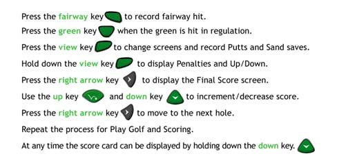 6. Scoring This feature is switched On or Off from the: Main Menu>Features>Setup>Scoring>Select To begin scoring first select the hole you are hitting off from.