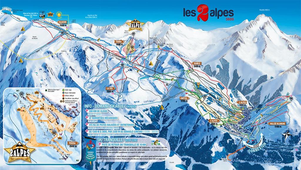 Ski area: SKI AREA: DEUX ALPES SKI AREA From 1300m to 3600m 225 km of slopes 10 18 42 19 RESORT: LES DEUX ALPES Altitude: 1750