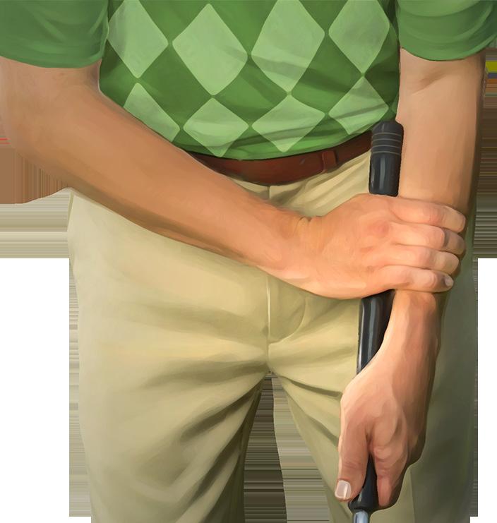 The following images illustrate permissible strokes where the club is intentionally held against the forearm.