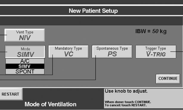 1 2 5 3 4 1. Vent Type Button: New button used to select between INVASIVE or NIV. 2. Breath Mode: Only A/C, SIMV, and SPONT modes are allowed with NIV. 3. Mandatory Type: Only VC and PC are available with NIV.