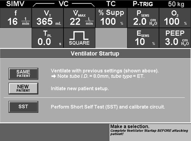 Update to Ventilator Startup screen This section updates Operator s Manual section 4.1.