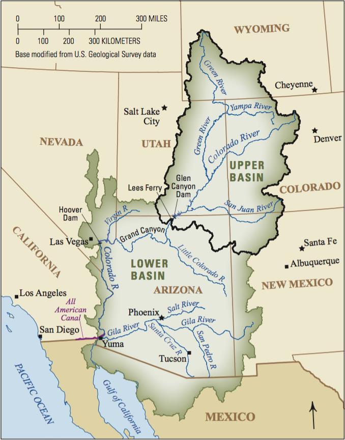 Figure 1. Map of the Colorado River Basin which spawns across Wyoming, Utah, Colorado, Nevada, Utah, California, Arizona, and New Mexico.