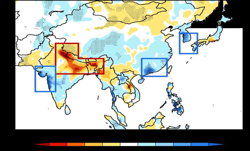 Linear trends in Asian summer monsoon rainfall (mm/day/45 years) Data period: