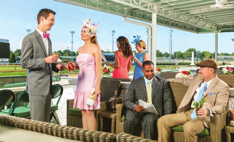 Attached tiered balcony with seating and up-close view of the racetrack Suite package includes