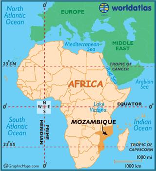 Mozambique Location: South east Africa (border with Tanzania, Malawi, Zimbabwe, South Africa and Indian Ocean) Population: 25 million Coastal long: 2.
