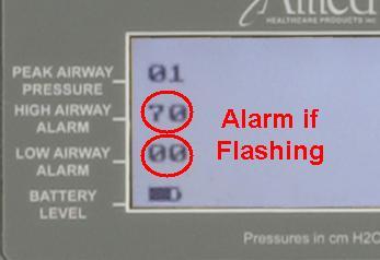 When a ventilation alarm is activated a 58 db audible alarm will sound, the red alarm LED will blink, and the alarm set point value on the LCD will flash.