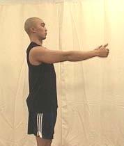 Standing forward flexion Stand facing a mirror with the hands rotated so that the thumbs face forward. Raise the arm upward keeping the elbow straight.